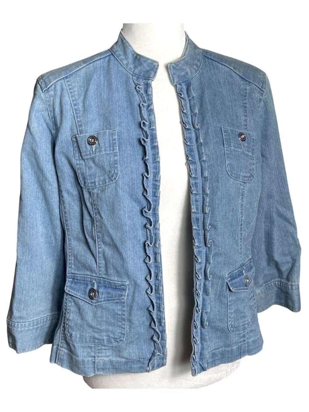 Light Wash Denim Jean Jacket Ruffle Cottagecore Layering Coastal Grandma Wom 12P